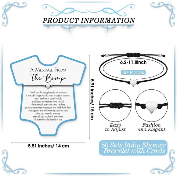 Blue Heart Charm Baby Shower Bracelets with Wish Cards - 50 Sets - Picture 2 of 7